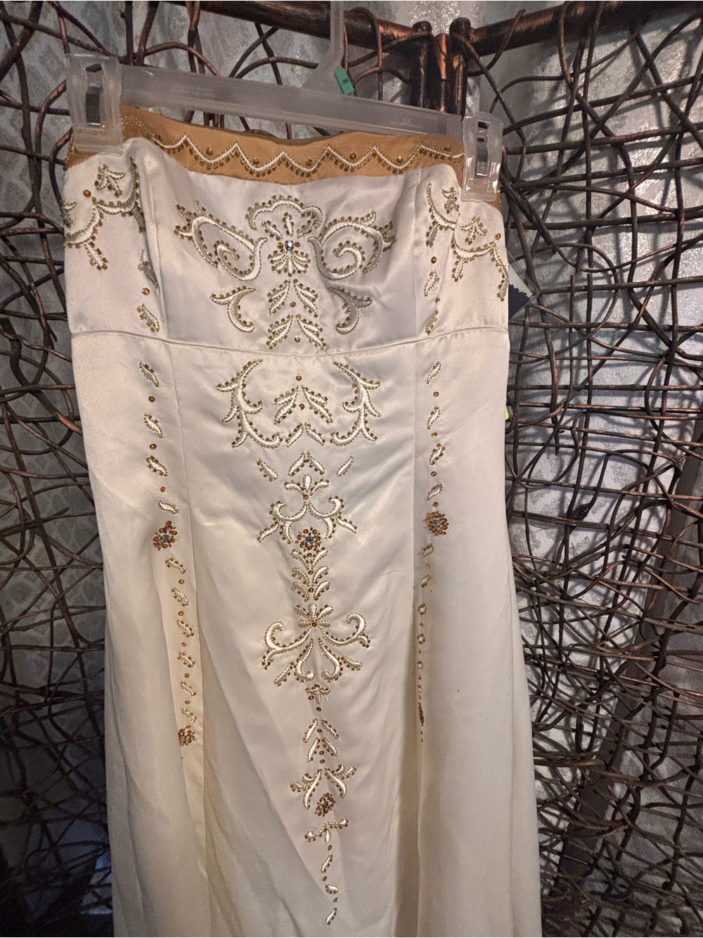 Morgan & Co. Strapless Ivory Dress with Gold Beading